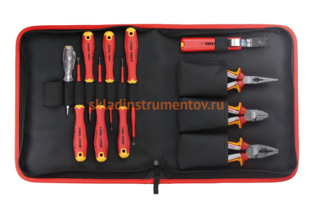 Набор диэлектрических отверток SL/PH/PZ E-Slim, бокорезов, плоскогубцев, длинногубцев, стриппера и отвертки тестера напряжения сети в сумке Felo ERGONIC 41381104