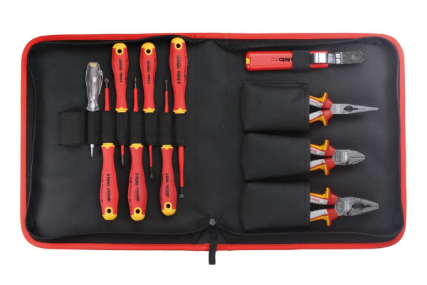 Набор диэлектрических отверток SL/PH/PZ E-Slim, бокорезов, плоскогубцев, длинногубцев, стриппера и отвертки тестера напряжения сети в сумке Felo ERGONIC 41381104