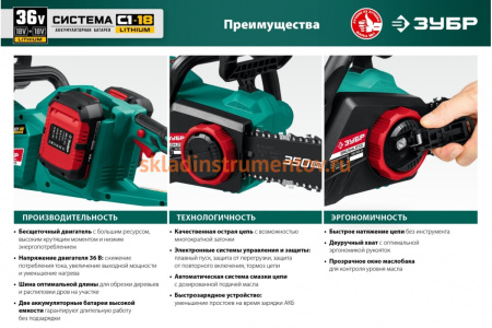 Бесщеточная цепная пила ЗУБР 2x18 В, 4 А*ч ПЦЛ-3635-42