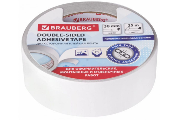 Клейкая двухсторонняя лента BRAUBERG 38 мм х 25 м, полипропиленовая основа, 90 микрон 606426