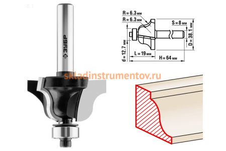 Фреза кромочная калевочная ПРОФЕССИОНАЛ №4 (38.1х19х64 мм; R6.3 мм; хвостовик 8 мм) Зубр 28787-38.1