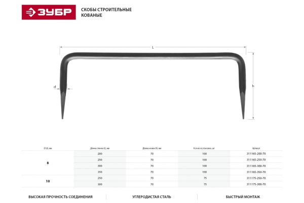 Строительная кованая скоба ЗУБР 350 х 70 х 8мм, 100 шт 311165-350-70