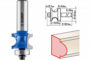Фреза полустержневая с подшипником ПРОФЕССИОНАЛ (22.2х15.9х62.4 мм; R4.8 мм; хвостовик 12 мм) Зубр 28722-22.2