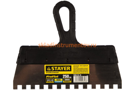 Нержавеющий зубчатый шпатель с пластмассовой ручкой, 250мм, зуб 10х10мм STAYER 1009-25-10