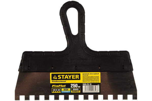 Нержавеющий зубчатый шпатель с пластмассовой ручкой, 250мм, зуб 10х10мм STAYER 1009-25-10