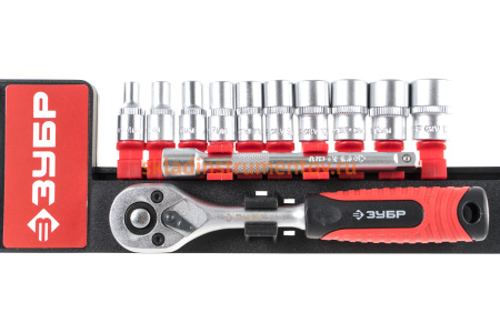 Набор торцевых головок Зубр МАСТЕР 1/4" на пластиковом рельсе, трещотка, удлинитель, Cr-V, 4-13мм, 12 предметов 27645-H12