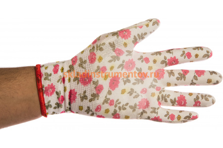 Садовые перчатки Grinda прозрачное PU покрытие, 13 класс вязки, бело-розовые, размер S 11291-S