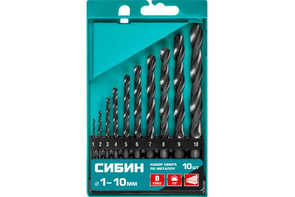 Набор сверл по металлу СИБИН 10 шт, 1-10 мм, класс В 29610-H10