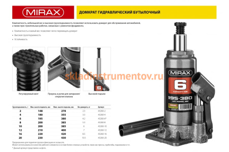 Гидравлический бутылочный домкрат MIRAX 16т 43260-16