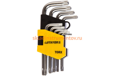 Набор ключей STAYER MASTER имбусовые короткие, Cr-V, сатинированное покрытие, пластик. держатель, T10-T50мм, 9 пред 2743-H9