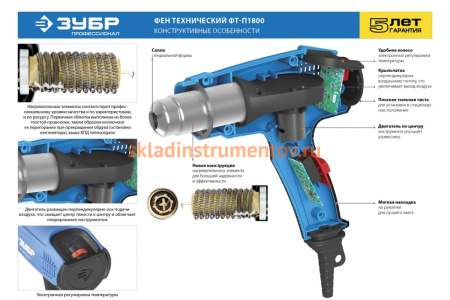 Технический фен 1800 Вт ЗУБР Профессионал ФТ-П1800 К