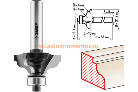Фреза кромочная калевочная по ламинату №3 ПРОФЕССИОНАЛ (31.7х13х58 мм; R4 мм; хвостовик 8 мм) Зубр 28786-31.7