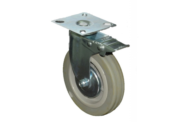 Колесо серая мягкая резина поворотное с тормозом SCGB42 100 мм MFK-TORG 5054100М