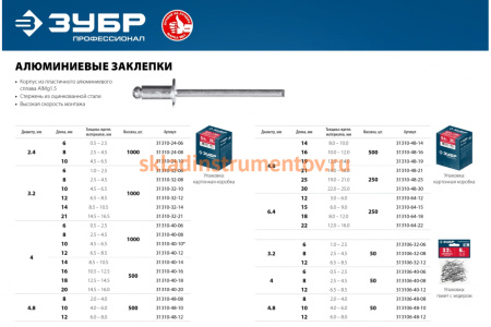 Алюминиевые заклепки Зубр Профессионал 4.8х10 мм, 50 шт. 313106-48-10