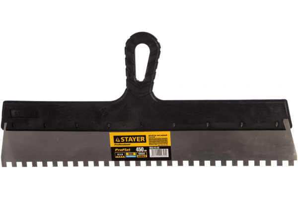 Нержавеющий зубчатый шпатель с пластмассовой ручкой, 450мм, зуб 8х8мм STAYER 1009-45-08