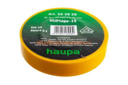 Изолента ПВХ, HAUPA цвет желтый, шир.15мм, длина 20 м, d 74 мм 263828