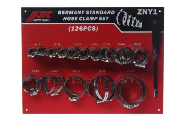 Набор червячных хомутов на стенде ZN8-ZN90 (125 шт.) с гибким воротком 7 мм JTC NEW JTC-ZNY1