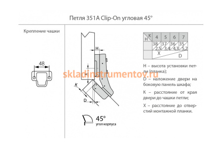 Угловая петля с доводчиком, с монтажной планкой JET 351 Clip-On D35мм 45 град. HR351A.110NI99