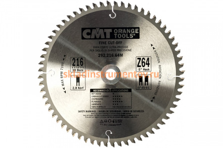 Диск пильный по дереву (216х30х2,8/1,8 мм; Z64) CMT 292.216.64M