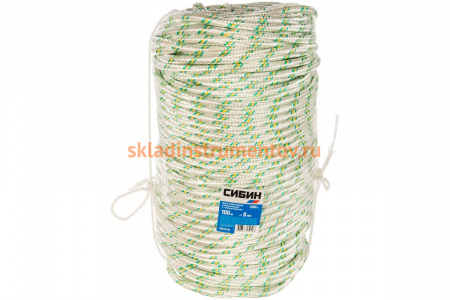 Плетёный капроновый 16-прядный фал с капроновым сердечником, диаметр 8мм, бухта 100м, 1000кгс СИБИН 50220-08