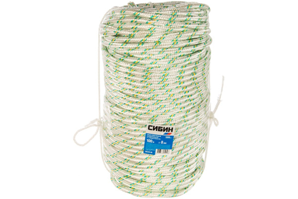 Плетёный капроновый 16-прядный фал с капроновым сердечником, диаметр 8мм, бухта 100м, 1000кгс СИБИН 50220-08 Плетёный капроновый 16-прядный фал с капроновым сердечником, диаметр 8мм, бухта 100м, 1000кгс СИБИН 50220-08