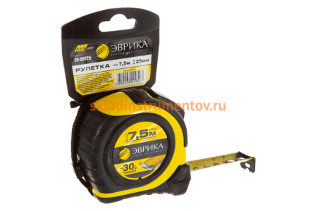 Рулетка ЭВРИКА 7.5м 25мм YELLOW профессиональная Pro-Grade с держателем ER-59725