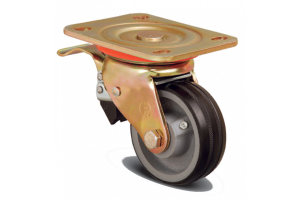 Колесо большегрузное обрезиненное поворотное с тормозом 200 мм MFK-TORG ED01 VBR 200 F