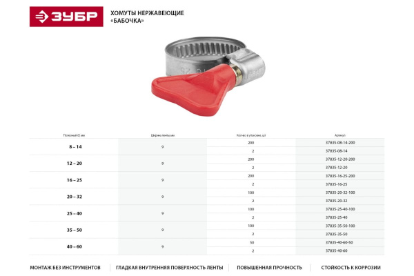 Хомуты бабочка ЗУБР Эксперт нержавеющая сталь, 100 шт. 37835-35-50-100