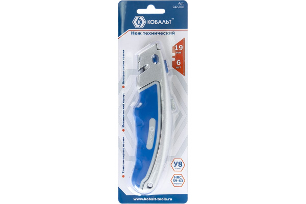 Технический нож, трапециевидные лезвия 19мм 6шт, металлический корпус, быстрая смена лезвия КОБАЛЬТ 242-076
