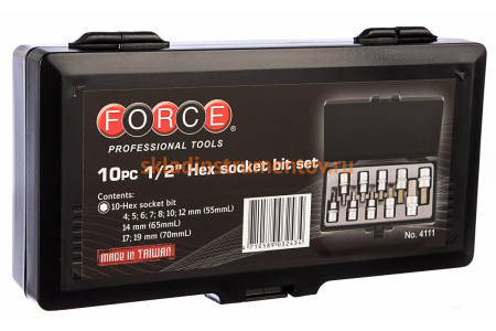 Набор головок c битами HEX 1/2" 10 шт. FORCE 4111