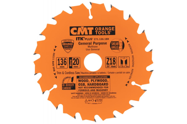 Диск пильный по дереву (136х20/10х1.5/1.0 мм; Z18) CMT 271.136.18H