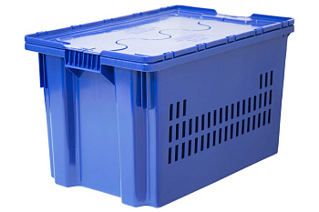 Ящик с крышкой п/э 600х400х350 дно сплошное, стенки перфорированные, синий Тара.ру 18776