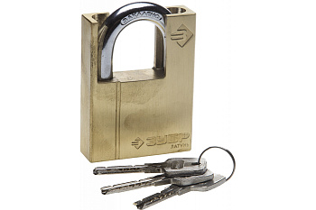 Навесной замок ЗУБР ЭКСПЕРТ латунный корпус закаленная дужка с доп.защитой 60мм 37297-60
