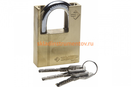 Навесной замок ЗУБР ЭКСПЕРТ латунный корпус закаленная дужка с доп.защитой 60мм 37297-60