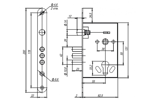 Корпус врезного замка с ручками на планке AJAX KIT А5-3155/3 W/B 41569