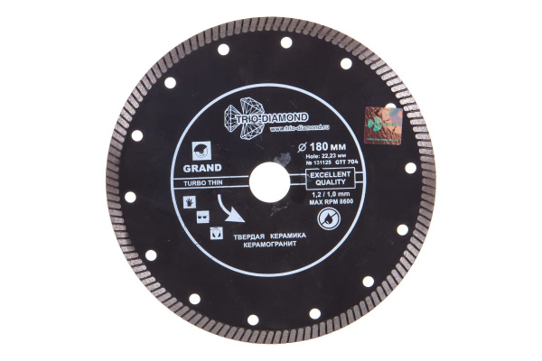 Диск алмазный отрезной Турбо ультратонкий Grand hot press (180х22.23 мм) TRIO-DIAMOND GTT704 Диск алмазный отрезной Турбо ультратонкий Grand hot press (180х22.23 мм) TRIO-DIAMOND GTT704
