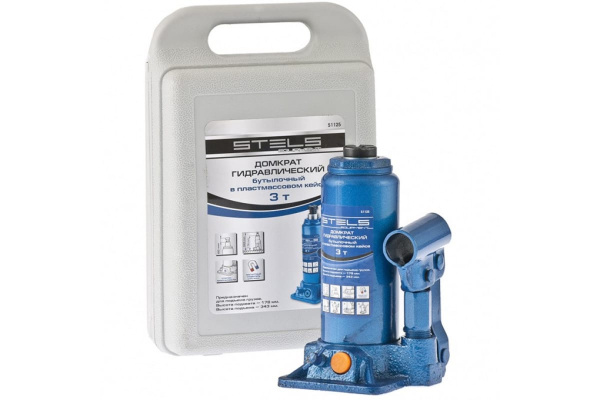 Гидравлический бутылочный домкрат 3 т, h подъема 178–343 мм, в пластиковом кейсе STELS 51125