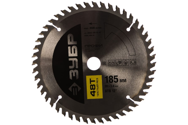 Диск пильный ПРОФИ Чистый рез по дереву (185х20 мм; 48Т) Зубр 36852-185-20-48