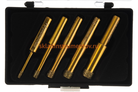 Набор алмазных коронок по керамограниту с кондуктором (4, 6, 8, 10, 12 мм) ПРАКТИКА 034-687