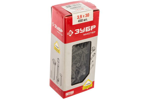 Саморезы с двухзаходной резьбой Зубр по ГВЛ, ДСП, фосфатированные, PH2, 3,9x30мм, ТФ1, 450шт 4-300051-39-030