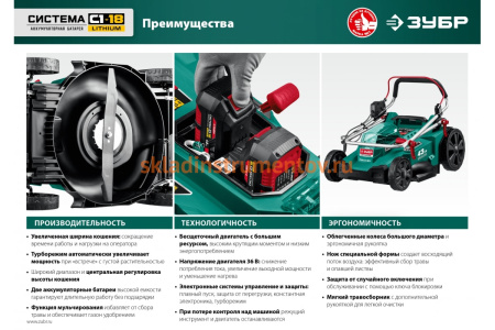 Бесщеточная газонокосилка ЗУБР 36 В ГКЛ-3736