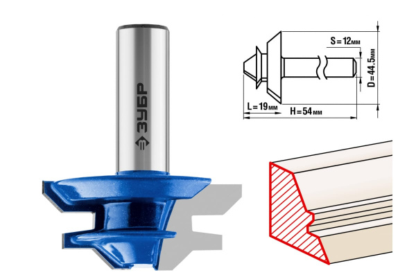 Фреза кромочная для углового сращивания ПРОФЕССИОНАЛ (44.5х19х54 мм; угол 45 град, хвостовик 12 мм) Зубр 28724-44.5
