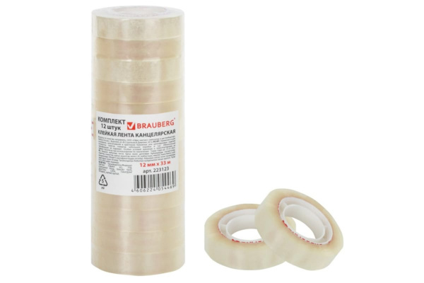 Клейкие ленты BRAUBERG 12 мм х 33 м, канцелярские, комплект 12 шт., прозр., гарант. длина 223123