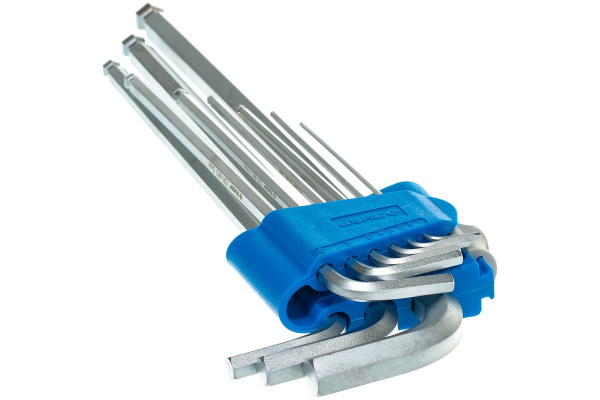 Набор имбусовых ключей, длинные с шариком, Cr-Mo, сатинированное покрытие, эргономичный держатель, HEX 1.5-10мм, 9шт Зубр ЭКСПЕРТ 27466-H9