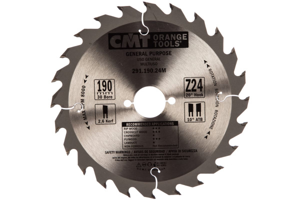 Диск пильный по дереву (190х30х1,6/2,6 мм; Z24) CMT 291.190.24M