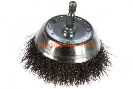 Щётка чашеобразная, гофрированная стальная проволока №085 (75 мм; хвостовик шестигранный) для дрели Атака 22389