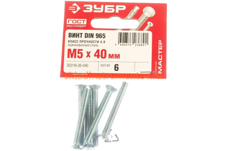 Винт ЗУБР DIN 965, M5 x 40 мм, 6 шт, кл. пр. 4.8, оцинкованный, 303116-05-040