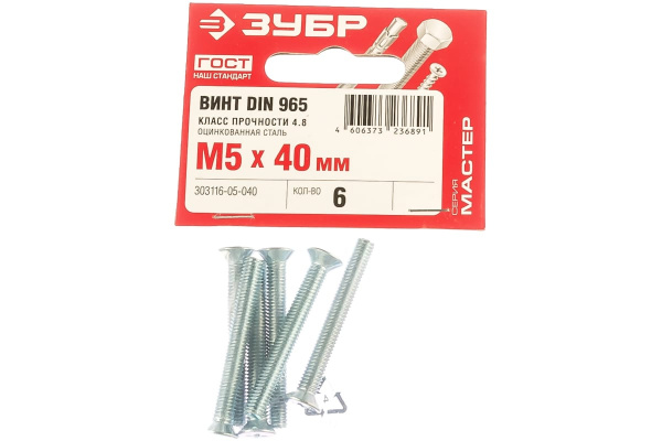Винт ЗУБР DIN 965, M5 x 40 мм, 6 шт, кл. пр. 4.8, оцинкованный, 303116-05-040