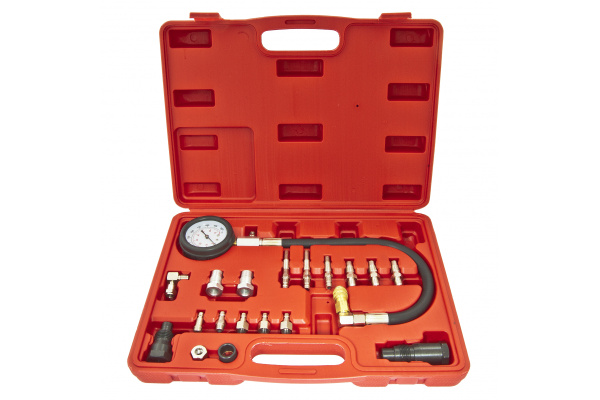 Тестер компрессии дизельного двигателя в наборе с резьбовыми адаптерами 19 предметов, в кейсе ER-86314