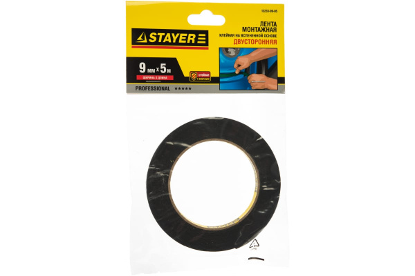 Лента PROFI клейкая монтажная на вспененной основе (5 м; 9 мм; черная) STAYER 12233-09-05